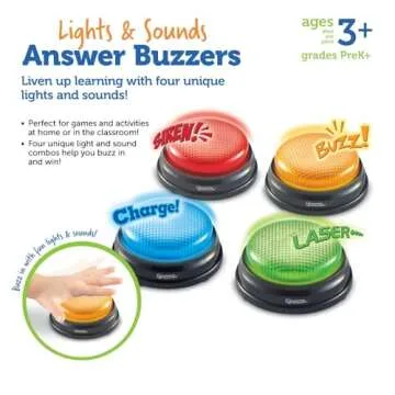 Learning Resources Lights and Sounds Buzzers,Set of 4, Ages 3+, Game Show and Classroom Buzzers, Family Game Night, Game Show Buzzers, Classroom Accessories