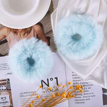 2 PCS Light Blue Pom Pom Hair Tie Fuzzy Scrunchies Furry Hair Bands With Faux Rabbit Fur Fluffy Elas...