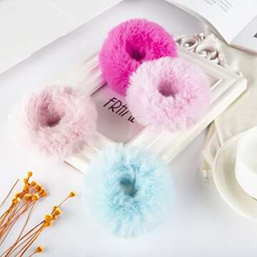 2 PCS Light Blue Pom Pom Hair Tie Fuzzy Scrunchies Furry Hair Bands With Faux Rabbit Fur Fluffy Elastic Hair Bobbles Ponytail Holders Girls Women Hair Accessories