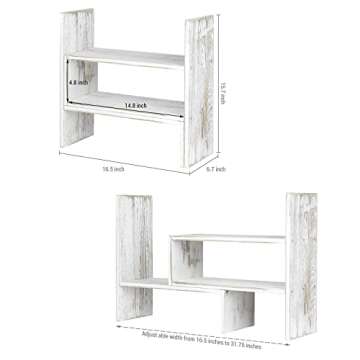 MyGift Adjustable Whitewashed Solid Wood Desktop Storage Organizer Display Shelf Book Rack, Office D...