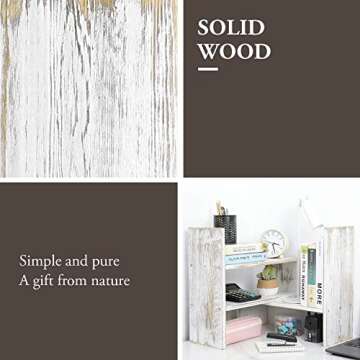 MyGift Adjustable Whitewashed Solid Wood Desktop Storage Organizer Display Shelf Book Rack, Office Desk Bookshelf