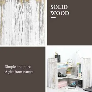 MyGift Adjustable Whitewashed Solid Wood Desktop Storage Organizer Display Shelf Book Rack, Office Desk Bookshelf