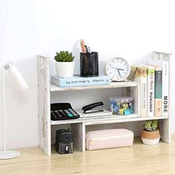 MyGift Adjustable Whitewashed Solid Wood Desktop Storage Organizer Display Shelf Book Rack, Office Desk Bookshelf