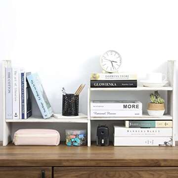 MyGift Adjustable Whitewashed Solid Wood Desktop Storage Organizer Display Shelf Book Rack, Office Desk Bookshelf