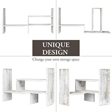 MyGift Adjustable Whitewashed Solid Wood Desktop Storage Organizer Display Shelf Book Rack, Office Desk Bookshelf