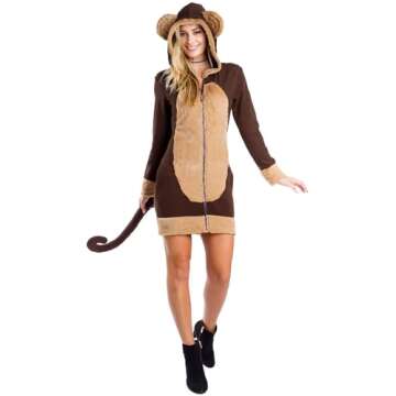 Tipsy Elves Halloween Dress Costumes for Women - Wildy Cute Fun Adult Women's Zip Up Animal Halloween Costumes Funny Chimp Brown Monkey Costume Dress Size Medium