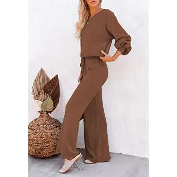 Pink Queen Women's 2 Piece Knitted Sweatsuit Puff Sleeve Crop Sweater Top Long Pants Tracksuit Lounge Set Brown XL