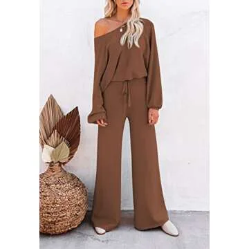 Pink Queen Women's 2 Piece Knitted Sweatsuit Puff Sleeve Crop Sweater Top Long Pants Tracksuit Lounge Set Brown XL