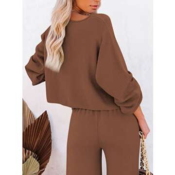 Pink Queen Women's 2 Piece Knitted Sweatsuit Puff Sleeve Crop Sweater Top Long Pants Tracksuit Lounge Set Brown XL