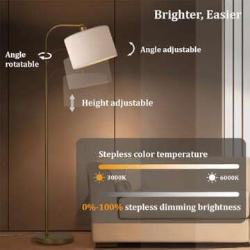 FINNCHY Gold Floor Lamp with Remote Control, 1200 Lumens 15W LED Bulb Included, Adjustable Height Arc Floor Lamps for Living Room, Modern Gold Standing Lamp Dimmable Floor Lamp for Bedroom, Office