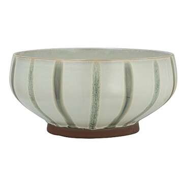 Bloomingville 10 Inches Round Hand-Painted Stoneware Bowl with Stripes and Reactive Glaze, Cream and Green