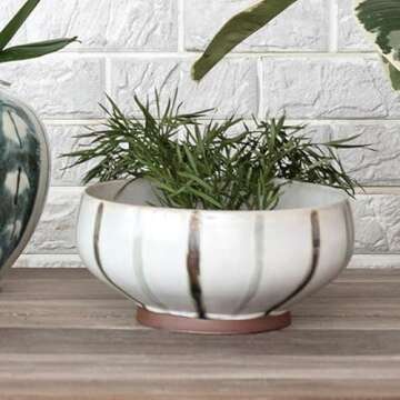 Bloomingville 10 Inches Round Hand-Painted Stoneware Bowl with Stripes and Reactive Glaze, Cream and Green