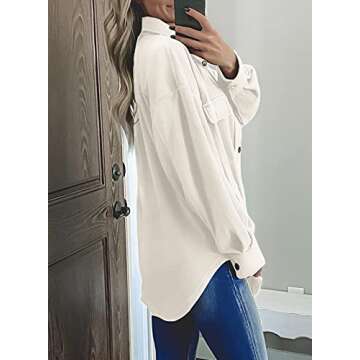 Astylish Womens Jackets Long Sleeve Shirt Jacket Solid Color Button Down Tops with Pockets Beige Large