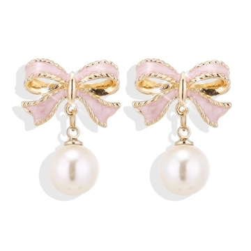 Trendy Pink Bow Earrings for Women - Elegant Pearl Drop Dangle Jewelry
