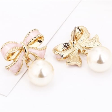 Pink Bow Earrings Women Trendy Pearl Drop Dangle Jewelry