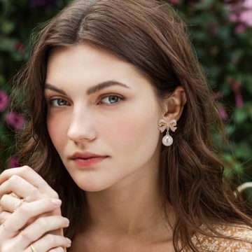 Pink Bow Earrings Women Trendy Pearl Drop Dangle Jewelry
