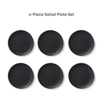 JoyJolt Mesa Stoneware Salad Plates, 8" Round Lunch Plates, Dishwasher and Microwave Safe Plate Set of 6, Modern Rustic Dinnerware, Appetizer Dessert or Dinner Sides Kitchen Dishes - Matte Black