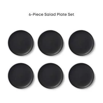 JoyJolt Mesa Stoneware Salad Plates, 8" Round Lunch Plates, Dishwasher and Microwave Safe Plate Set of 6, Modern Rustic Dinnerware, Appetizer Dessert or Dinner Sides Kitchen Dishes - Matte Black