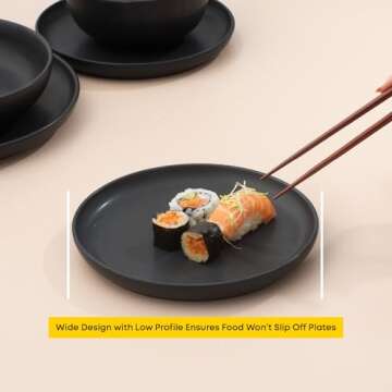 JoyJolt Mesa Stoneware Salad Plates, 8" Round Lunch Plates, Dishwasher and Microwave Safe Plate Set of 6, Modern Rustic Dinnerware, Appetizer Dessert or Dinner Sides Kitchen Dishes - Matte Black