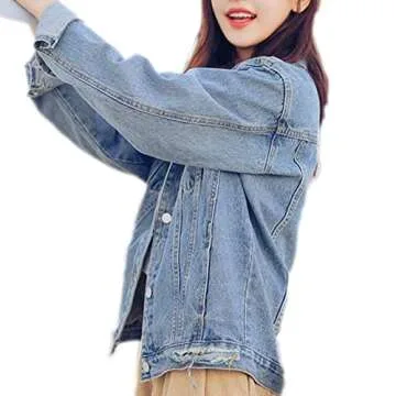 Saukiee Oversized Denim Jacket for Women - Light Blue Distressed