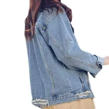 Saukiee Oversized Denim Jacket for Women - Light Blue Distressed