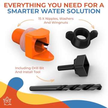 Lil'Clucker Horizontal Chicken Waterer Nipples, Pack of 15 Chicken Nipple Waterer with Drill Bits, Easy Install Automatic Chicken Waterer System, No Leak Chicken Water Feeder, Poultry Waterer - Orange