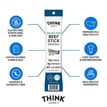 Think Jerky, Original Grass-Fed Beef Sticks (1.0 Ounce Sticks, Pack of 10 Sticks) - Sugar Free, Glut...