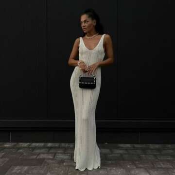 Ngdcseo Women Off Sleeveless Maxi Casual Vacation Dress Sexy Deep V Neck Backless Summer Beach Eyelet Knit Swimwear Coverups (US, Alpha, Small, Regular, Regular, White)