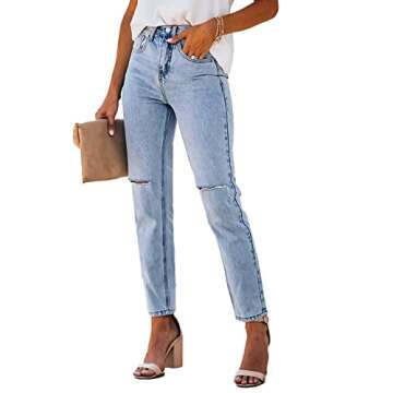 Lesore Womens Denim High Rise Ripped Distressed Stretchy Fall Winter Jeans Denims Jeans with Pockets Washed Blue 30