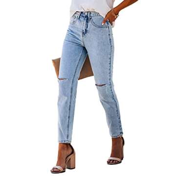 Lesore Womens Denim High Rise Ripped Distressed Stretchy Fall Winter Jeans Denims Jeans with Pockets Washed Blue 30
