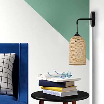 LUSTORM 1 Wicker Wall Lamps with Switch for Living Room, Contemporary Plug in Cord Wall Sconces Rattan Bamboo Hanging Mounted Metal Fixture E26 Lights for Bedrooms Living Room(Excluded Bulb)