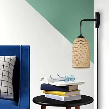 LUSTORM 1 Wicker Wall Lamps with Switch for Living Room, Contemporary Plug in Cord Wall Sconces Rattan Bamboo Hanging Mounted Metal Fixture E26 Lights for Bedrooms Living Room(Excluded Bulb)