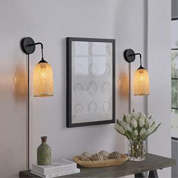 LUSTORM 1 Wicker Wall Lamps with Switch for Living Room, Contemporary Plug in Cord Wall Sconces Rattan Bamboo Hanging Mounted Metal Fixture E26 Lights for Bedrooms Living Room(Excluded Bulb)