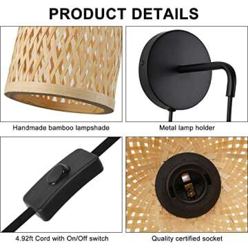 LUSTORM 1 Wicker Wall Lamps with Switch for Living Room, Contemporary Plug in Cord Wall Sconces Rattan Bamboo Hanging Mounted Metal Fixture E26 Lights for Bedrooms Living Room(Excluded Bulb)