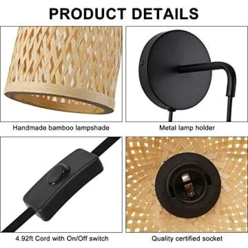 LUSTORM 1 Wicker Wall Lamps with Switch for Living Room, Contemporary Plug in Cord Wall Sconces Rattan Bamboo Hanging Mounted Metal Fixture E26 Lights for Bedrooms Living Room(Excluded Bulb)