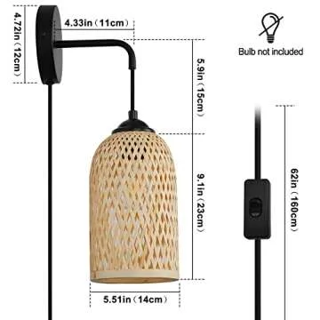 LUSTORM 1 Wicker Wall Lamps with Switch for Living Room, Contemporary Plug in Cord Wall Sconces Rattan Bamboo Hanging Mounted Metal Fixture E26 Lights for Bedrooms Living Room(Excluded Bulb)