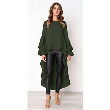 PRETTYGARDEN Women's Lantern Long Sleeve Round Neck High Low Asymmetrical Irregular Hem Casual Tops Blouse Shirt Dress