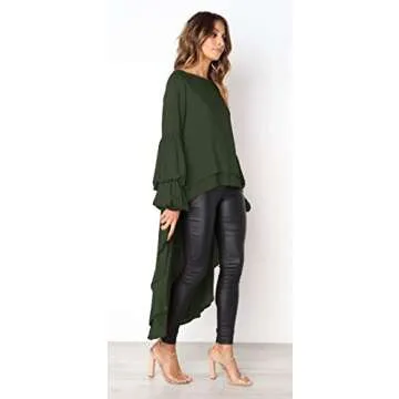 PRETTYGARDEN Women's Lantern Long Sleeve Round Neck High Low Asymmetrical Irregular Hem Casual Tops Blouse Shirt Dress