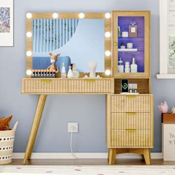 Fluted Vanity Desk with Mirror and Lights, 45" Glass Top Makeup Table Set with 5 Drawers, Power Outl...