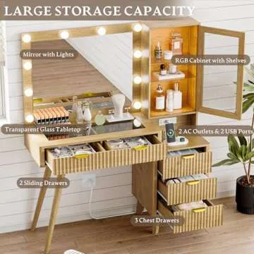 Chic Fluted Vanity Desk with Mirror and RGB Lighting