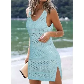 Dokotoo Women's Swimwear Cover Ups 2025 Summer Crew Neck Sleeveless Hollow Out Knit Side Split Beach Outfits for Women Resort Wear Crochet Swimsuit Coverup Blue Small