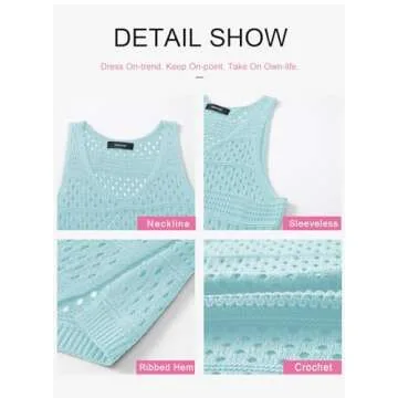 Dokotoo Women's Swimwear Cover Ups 2025 Summer Crew Neck Sleeveless Hollow Out Knit Side Split Beach Outfits for Women Resort Wear Crochet Swimsuit Coverup Blue Small