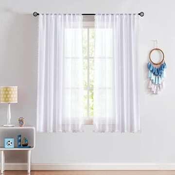 Treatmentex Pom Pom White Sheer Curtains for Living Room 63" Linen Texture Rod Pocket Window Sheers 52" w x 2 Panels, Rod Pocket Drapes