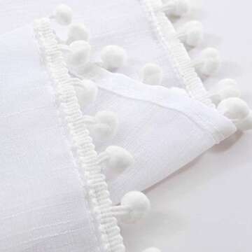 Treatmentex Pom Pom White Sheer Curtains for Living Room 63" Linen Texture Rod Pocket Window Sheers 52" w x 2 Panels, Rod Pocket Drapes