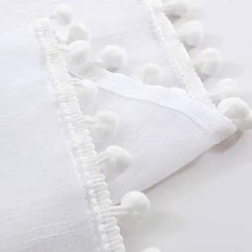 Treatmentex Pom Pom White Sheer Curtains for Living Room 63" Linen Texture Rod Pocket Window Sheers 52" w x 2 Panels, Rod Pocket Drapes