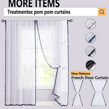 Treatmentex Pom Pom White Sheer Curtains for Living Room 63" Linen Texture Rod Pocket Window Sheers 52" w x 2 Panels, Rod Pocket Drapes
