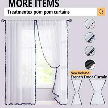 Treatmentex Pom Pom White Sheer Curtains for Living Room 63" Linen Texture Rod Pocket Window Sheers 52" w x 2 Panels, Rod Pocket Drapes