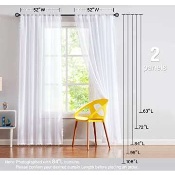 Treatmentex Pom Pom White Sheer Curtains for Living Room 63" Linen Texture Rod Pocket Window Sheers 52" w x 2 Panels, Rod Pocket Drapes