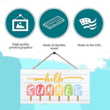 Twisted R Design Wall Art Wood Sign, Vintage Farmhouse Decor Sign, 10x5 Summer Decor Sign, Made in USA Wall Art for Living Room, Bedroom, Office, Ready to Hang Hello Summer