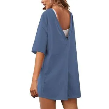 Yeokou Rompers for Women Casual Short Sleeve Oversized Athletic Workout Reversible Hot Shot Tee Romper Deep Pockets(BlueGrey-Large)